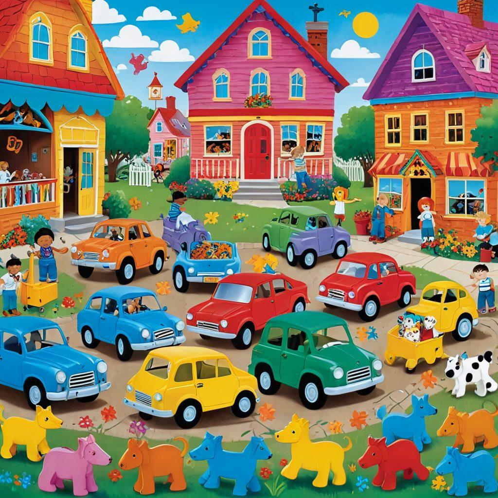 A whimsical scene featuring an array of colorful puzzles and playsets from Smith Toys, set against a bright, cheerful background. Include children of diverse backgrounds joyfully engaging with the toys, surrounded by scattered puzzle pieces and a vibrant playset. Emphasize the fun and learning aspect of playtime with playful expressions and bright colors. The image should evoke a sense of nostalgia and creativity. vibrant colors. playful cartoon style.