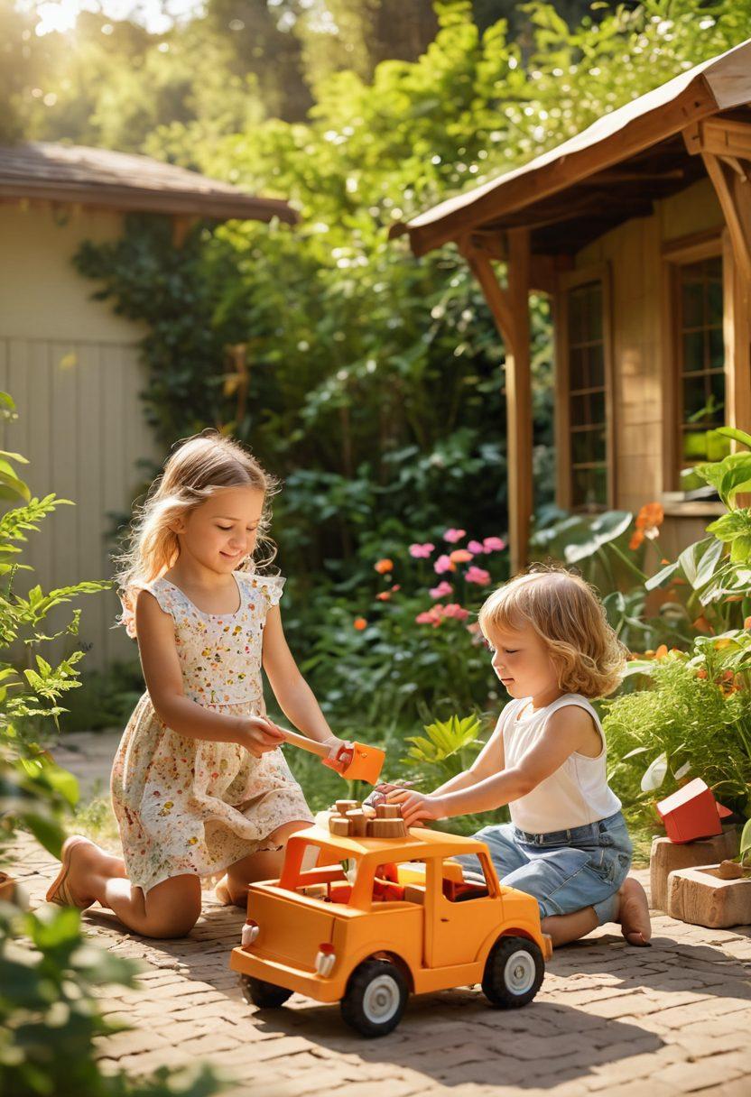 A colorful scene depicting children playing with eco-friendly Smith toys made of natural materials, surrounded by lush greenery and vibrant flowers. The toys should showcase creativity, like building blocks, art sets, and eco-friendly cars, all emphasizing imaginative play. Include soft sunlight filtering through the trees to create a warm atmosphere. super-realistic. vibrant colors. outdoor setting.