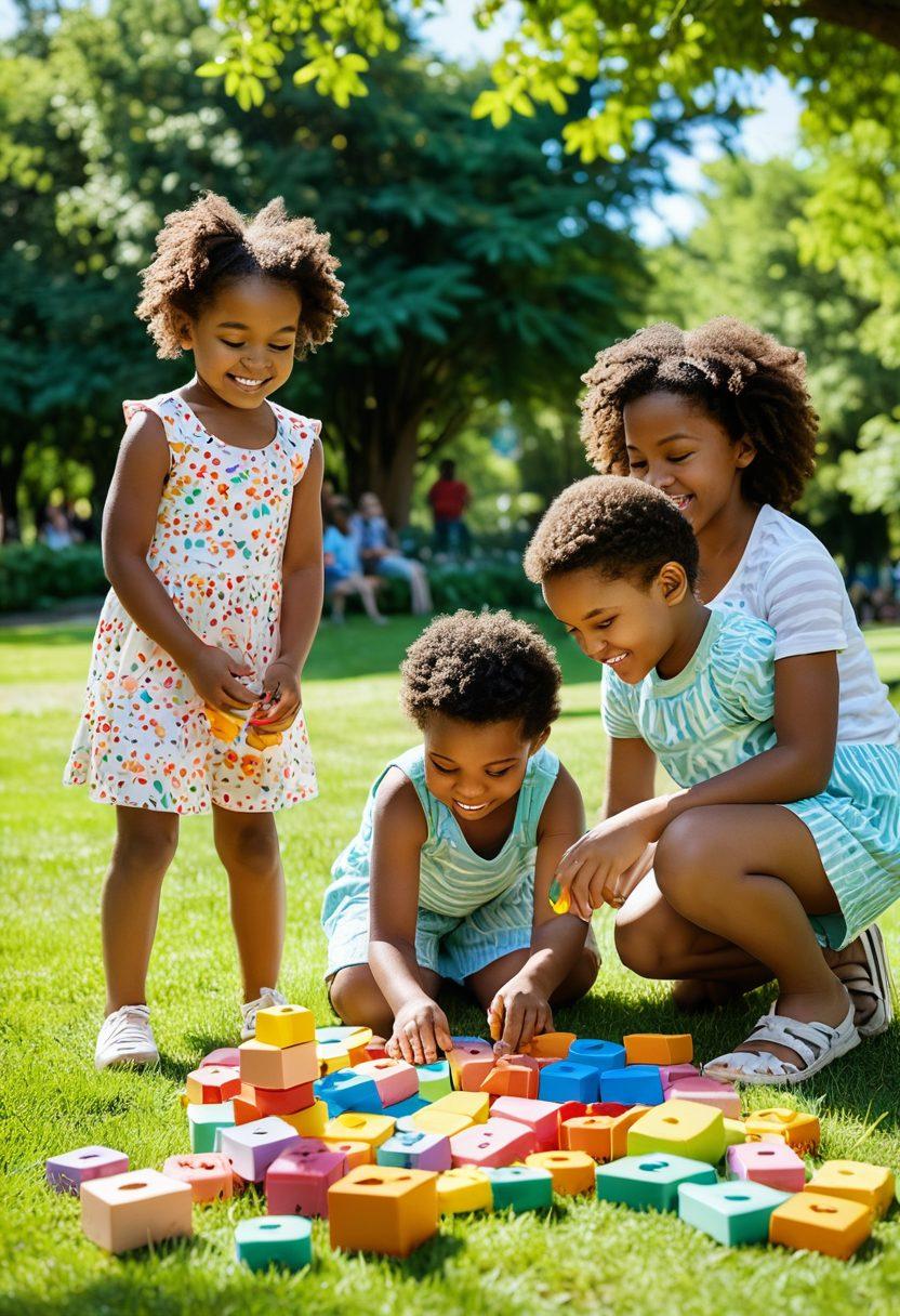 A joyful scene of children playing with a variety of colorful Smith Toys in a vibrant, sunlit park. Include kids engaging in imaginative play with building blocks, puzzles, and outdoor games, surrounded by lush greenery and blooming flowers. Their expressions of happiness and curiosity should shine through, highlighting the joy of learning through play. Illustrate a diverse group of children to promote inclusivity. vibrant colors. 3D. playful style.